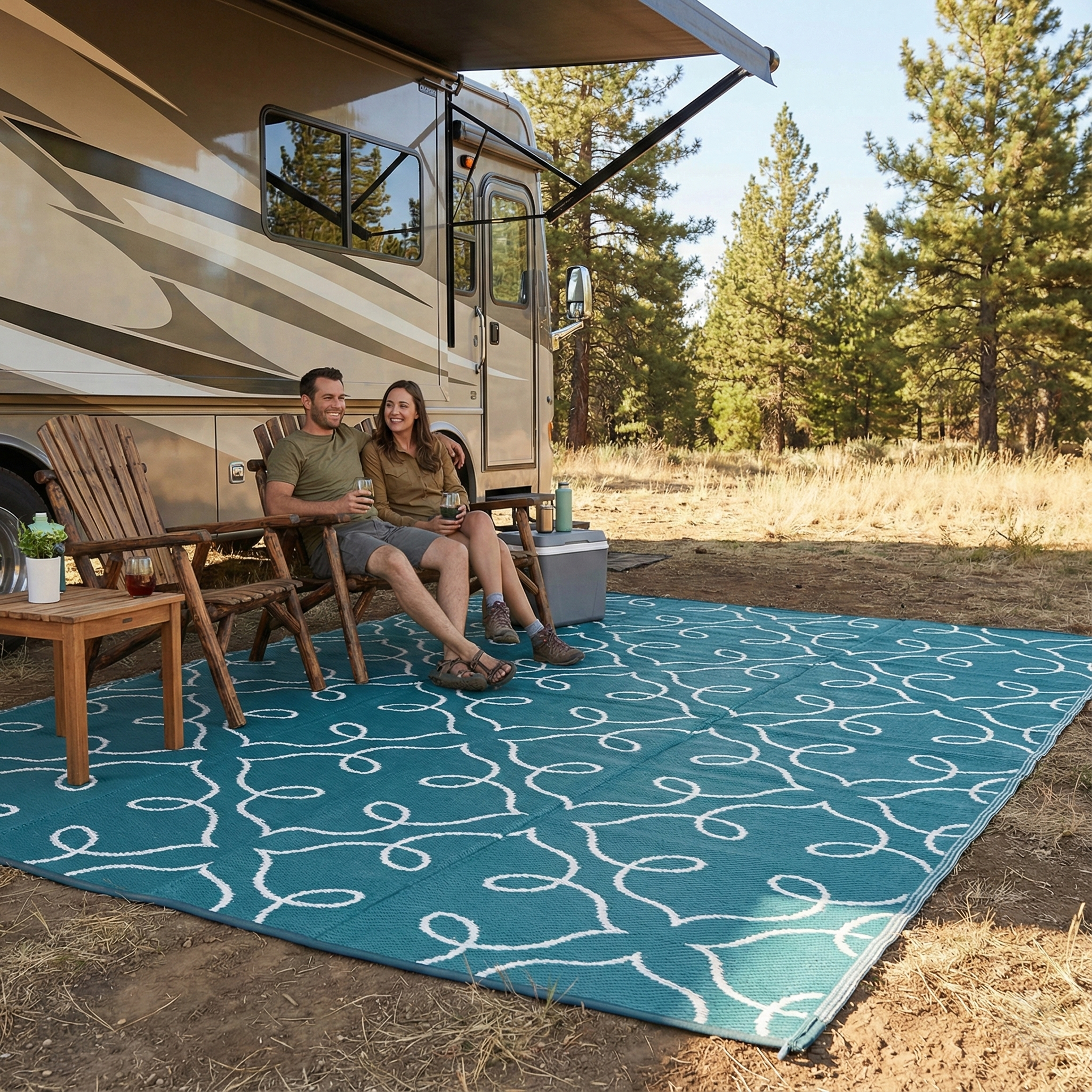 Lifestyle view of couple on sea green scroll foldable outdoor rug beside camper trailer